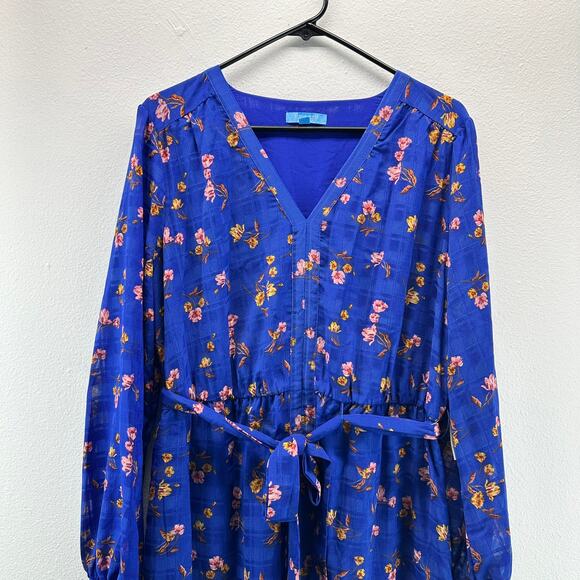 NWT Draper Jaems RSVP Tie Waist Mide Dress Cobalt Blue Floral Large - Picture 4 of 14